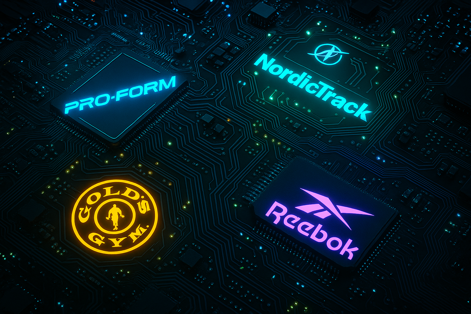 以电路板为主元素，设计科技感的高清图片，以ProForm, NordicTrack, GoldsGym, and Reebok 四个品牌LOGO发光为主体